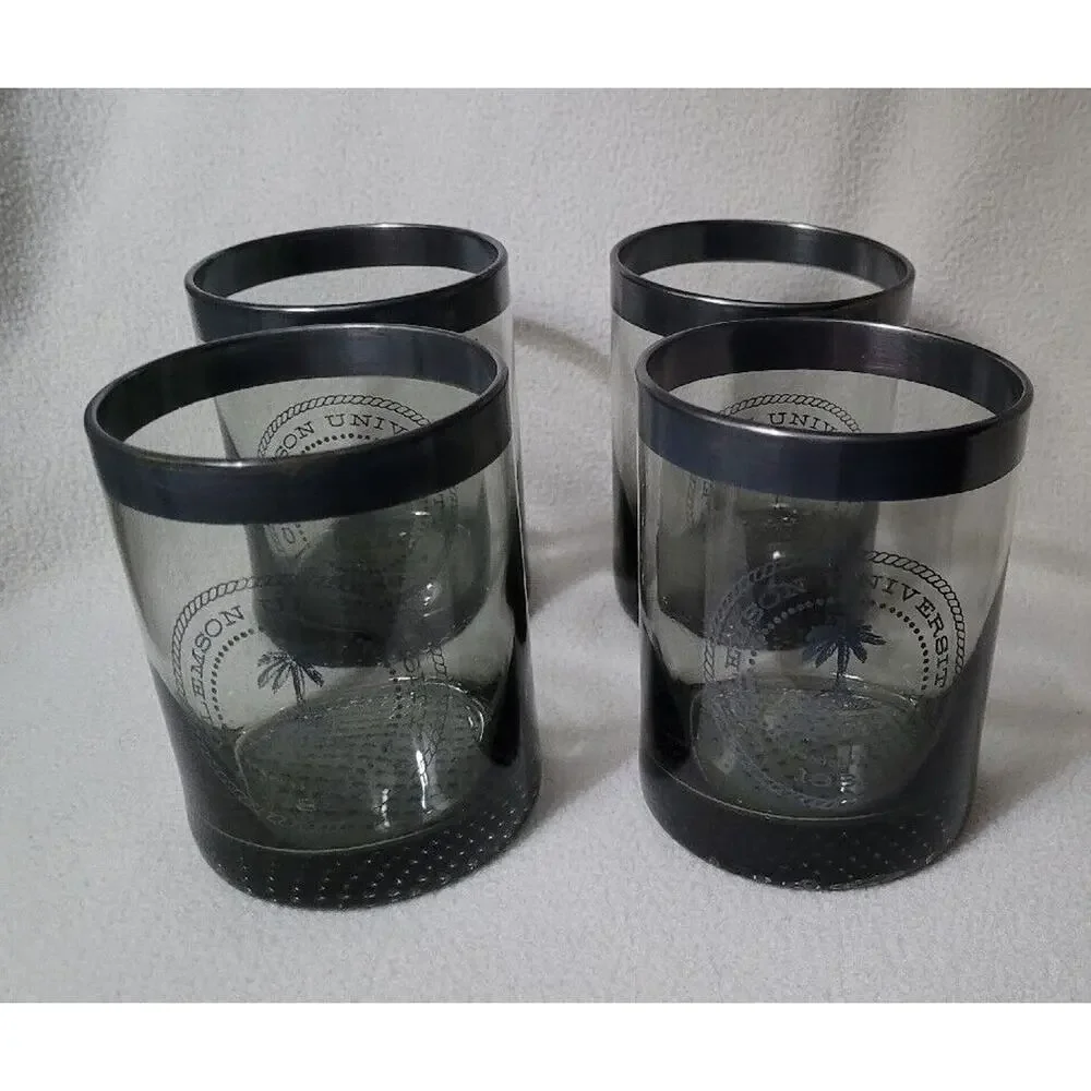 Lot 4 Clemson Tigers Clear Glass Liquor Cups Glasses Silver Rim Gray Smokey